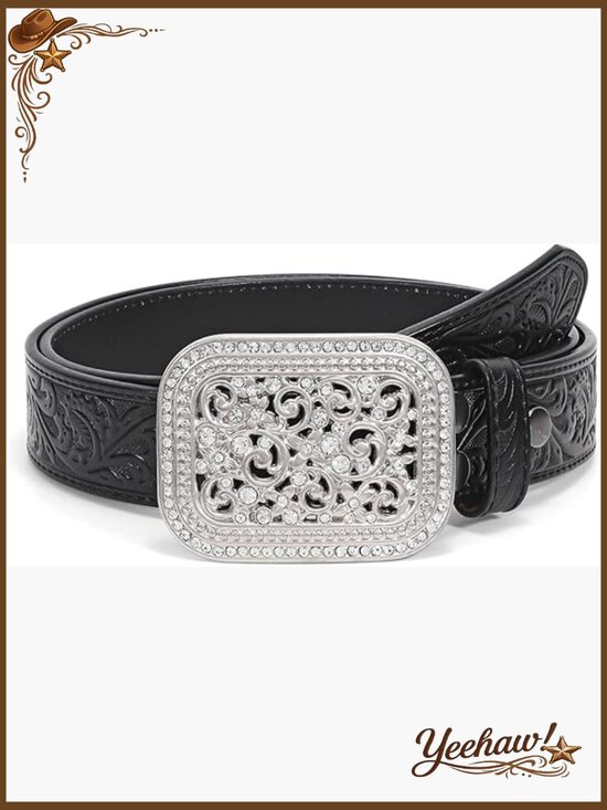Accessories - Genuine Leather Western Belt with Rhinestone Buckle for Women Men